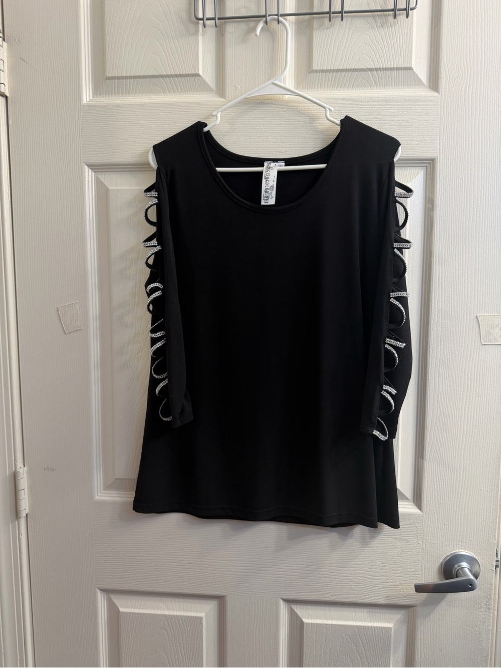 Women's Black Cold-Shoulder Long Sleeve Top with Loop Detail